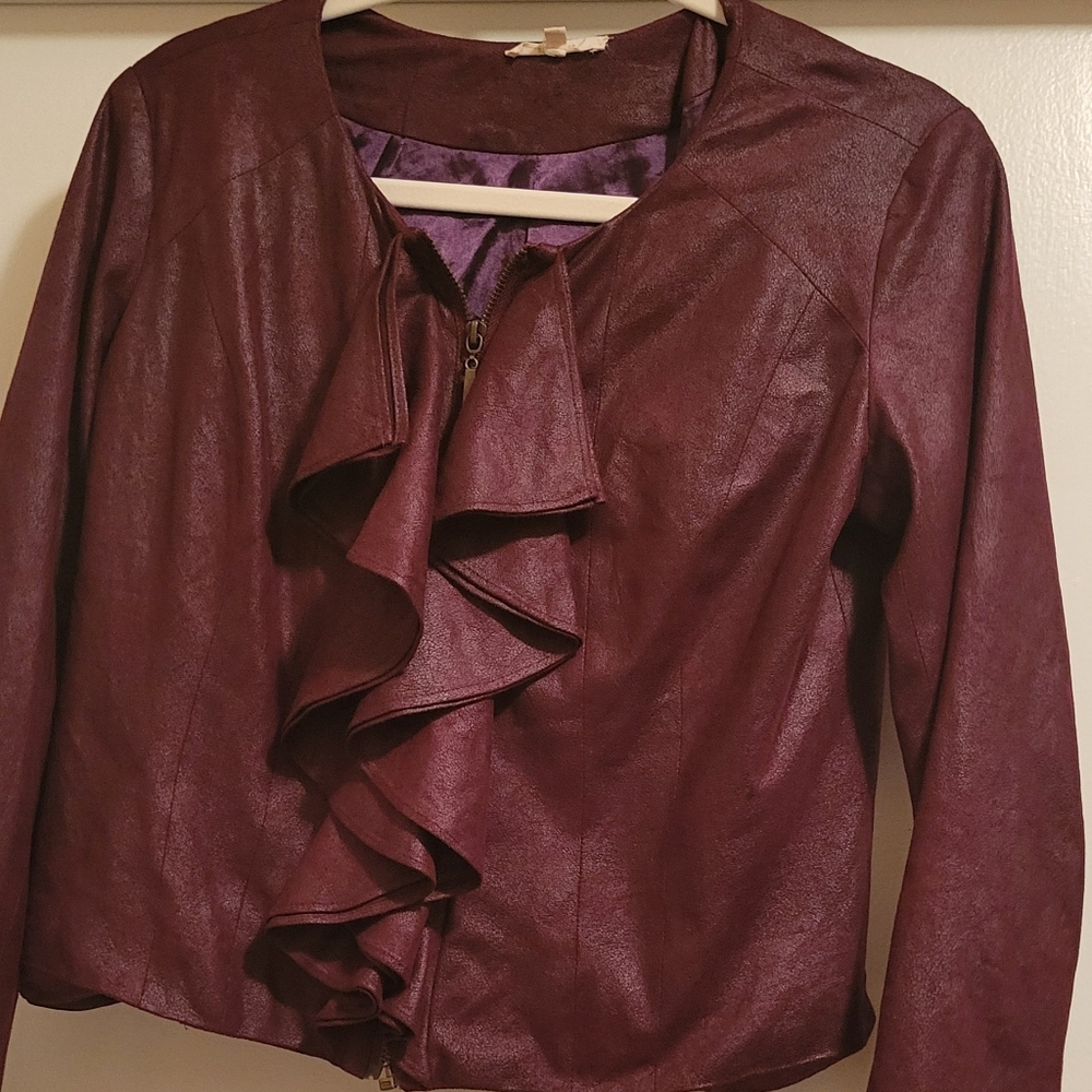 Mystree Maroon  Faux Suede Jacket with Ruffles . Size M